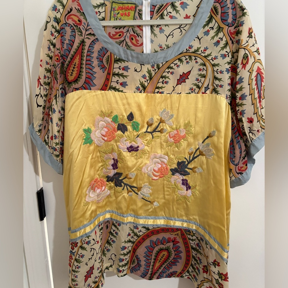 Johnny Was Yellow Multicolor Embroidered Paisley Silk Top